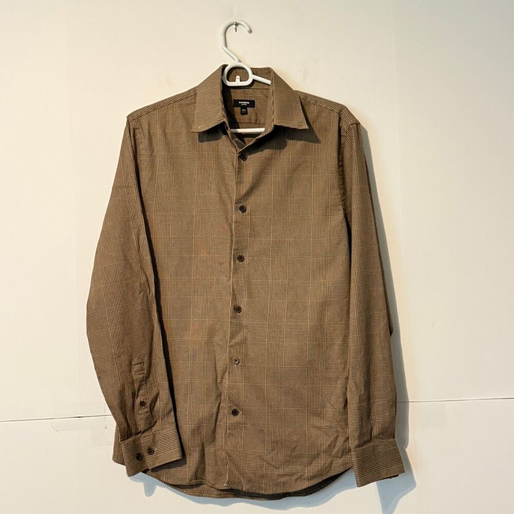 Express Mens 1Mx Shirt Size S Brown Plaid Slim Fit Rayon Long Sleeve Collared